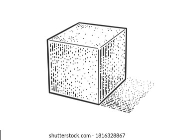 Cube geometric shape sketch engraving vector illustration. T-shirt apparel print design. Scratch board imitation. Black and white hand drawn image.
