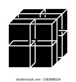 Cube glyph icon. Geometric gridded figure. Graphic abstract shape. Polygonal decorative element. Complex isometric form. Silhouette symbol. Negative space. Vector isolated illustration