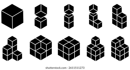 A cube glyph icon represents a simple 3D box, symbolizing structure, storage, or modular elements. It's used in design, tech interfaces, logistics, and gaming for visualization and functionality