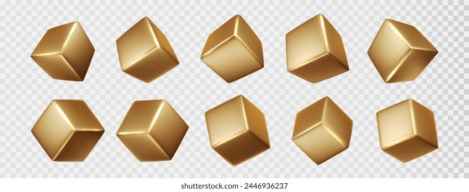 Cubo de colección de metal dorado. Formas cuadradas geométricas realistas. Elementos de diseño 3d dorados aislados.