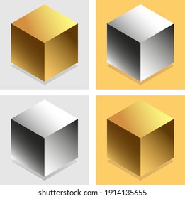 The cube is gold and metal. Square realistic geometric shapes. Gold and metal decorative design elements isolated on a solid background. 3d cuboid objects in yellow and gray colors. vector