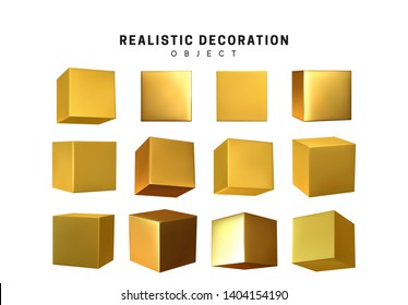 Cube in gold metalic. Square Realistic geometric shapes. Golden decorative design elements isolated white background. 3d objects cube-shaped yellow color. vector illustration.