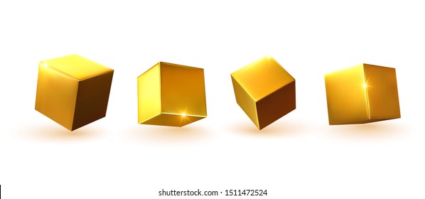 Cube in gold metalic. Square Realistic geometric shapes. Golden decorative design elements isolated white background. 3d objects cube-shaped yellow color. vector illustration.