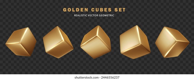 Cubo en oro metalizado conjunto colección aislada. Elementos de diseño decorativos dorados 3d realistas. Formas geométricas cuadradas.