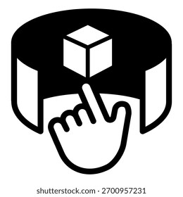 Ponteiro de cubo e mão com dedo indicador ícone sólido, conceito de metaverso de criptografia. Gráficos vetoriais. Público de criadores, sinal de arte no fundo branco, ícone de estilo de glifo para design móvel ou web