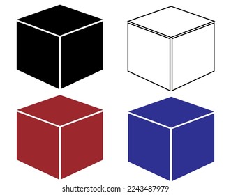 Cube icon. Black, white, red and blue cube set isolated on white background. Geometric shaped cube box