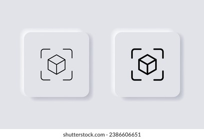 Cube icon with capture symbol center screen, Augmented reality. cube symbol, 3D Cube line icon, Abstract Cube Hexagon Logo. neumorphism buttons. neumorphic style