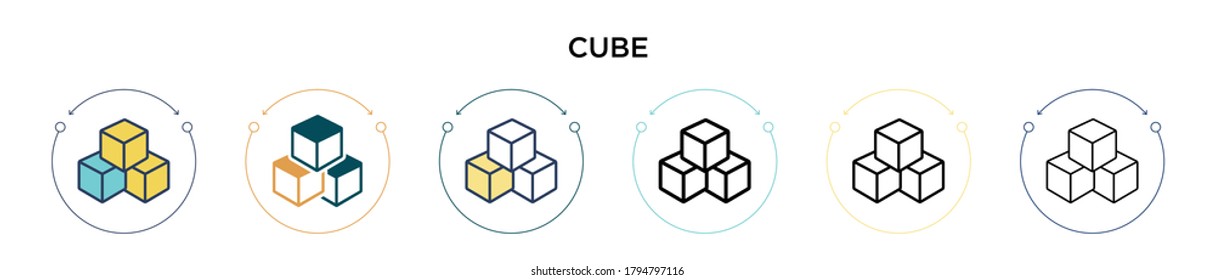 Cube icon in filled, thin line, outline and stroke style. Vector illustration of two colored and black cube vector icons designs can be used for mobile, ui, web