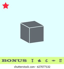 Cube icon flat. Grey pictogram on blue background. Vector illustration symbol and bonus buttons medal, cow, earth, eye, calculator