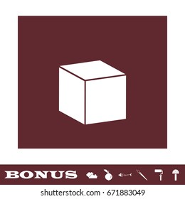 Cube icon flat. White pictogram on brown background. Vector illustration symbol and bonus icons