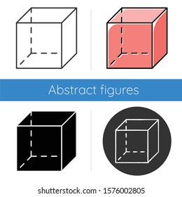 Cube icon. Geometric cut transparent figure. Decorative graphic element. Abstract shape. Isometric form in perspective. Flat design, linear and color styles. Isolated vector illustrations