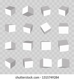 Cube icon set with a 3d perspetive. Realistic cube models vector illustration. 16 elements isolated on a transparent background