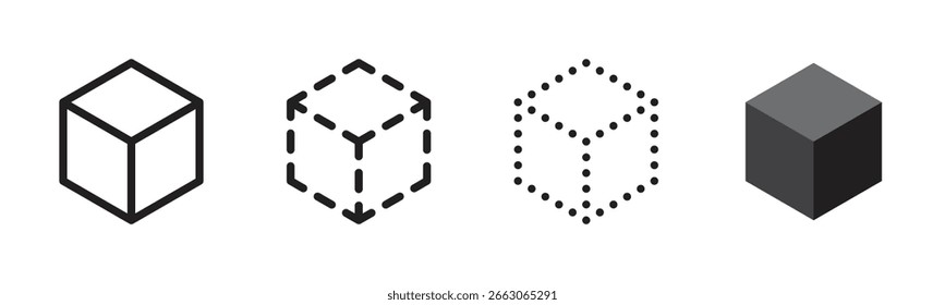 Cube icon set. Black line art design. 3d cube, box sign, symbol collection. Vector illustration. Isolated on a white background. Editable stroke.