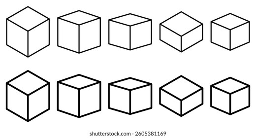 Cube icon set in linear, silhouette, and flat styles. Perfect for vector designs. EPS 10