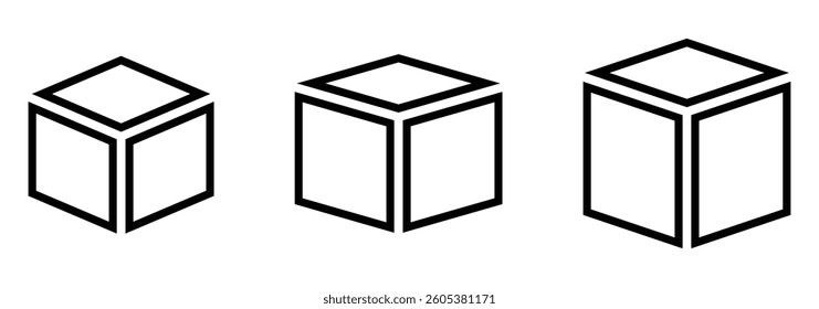 Cube icon set in linear, silhouette, and flat styles. Perfect for vector designs. EPS 10