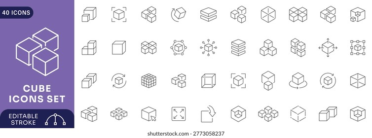 Cube icon set. Outline Icon Collection. Editable stroke	