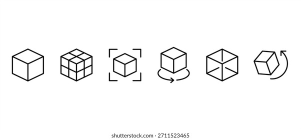 Ícone de cubo definido. Um conjunto de ícones de linha de vetor relacionados a cubos. Cubos com marcações de contorno simples em um plano de fundo transparente. Traçados editáveis.