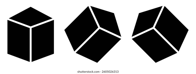 Cube icon symbol. Abstract geometric sugar cubes icon. Modern geometry cubics isolated. Various black Cube icons. Cube symbols on white background. Vector illustration. 