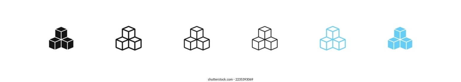 Cube icon. Three blocks sign. Square symbol. 3 box symbols. Geometry structure icons. Vector isolated sign.