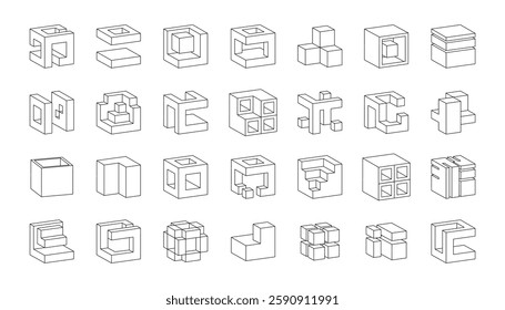 Cube icons. 3D isometric shapes. Impossible illusion logo. Visual abstract business design. Technology art. Graphic puzzle sign. Line cubic blocks. Minimal hexagon figures. Vector garish objects set