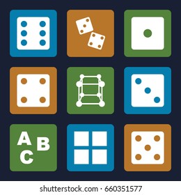 Cube icons set. set of 9 cube filled icons such as dice, dice, abc