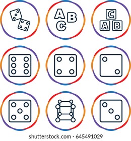 Cube icons set. set of 9 cube outline icons such as dice, abc