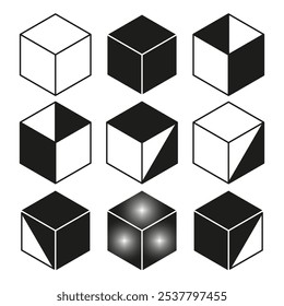 Conjunto de iconos de cubo. Colección de Formas geométricas. Vector blanco y negro. Cubos abstractos 3D.