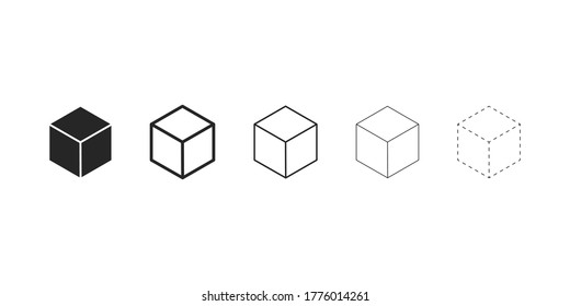 Cube icons set. Isolated square bold and outline box. Dashed and dotted cube collection. Empty transparent blocks in linear design. Empty container sign. Vector EPS 10