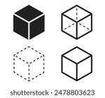Cube icons set. Three-dimensional shape in flat, linear and dotted styles. 3D square isolated - stock vector.
