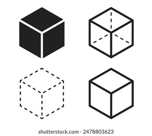 Cube icons set. Three-dimensional shape in flat, linear and dotted styles. 3D square isolated - stock vector.