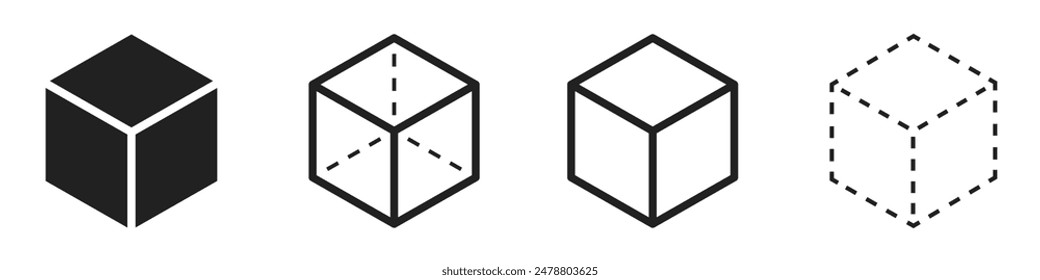 Cube icons set. Three-dimensional shape in flat, linear and dotted styles. 3D square isolated - stock vector.