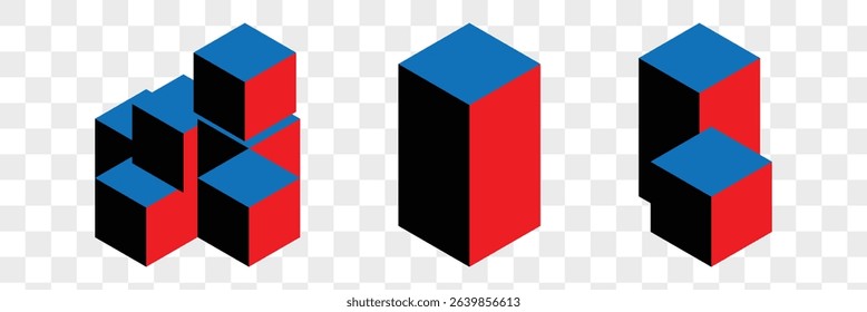 Cube icons set. Three-dimensional shape in flat, linear styles. 3D square isolated vector.