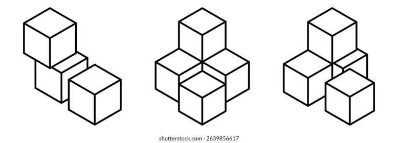 Cube icons set. Three-dimensional shape in flat, linear styles. 3D square isolated vector.
