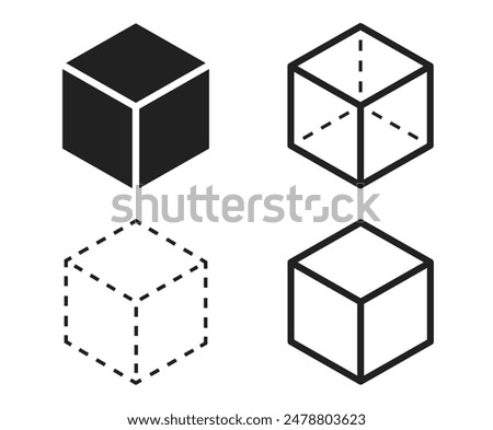 Cube icons set. Three-dimensional shape in flat, linear and dotted styles. 3D square isolated - stock vector.