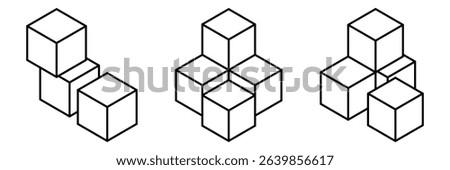 Cube icons set. Three-dimensional shape in flat, linear styles. 3D square isolated vector.