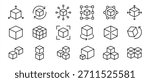 Cube iconset. Module, box, Geometric shape, model, block, product. Outline vector icon in linear style. Blockchain linear icon collection. Cubes with simple outline markings on  transparent background