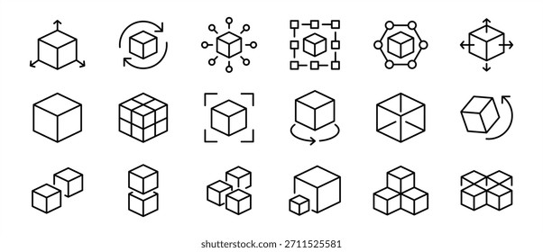 Würfel-Symbol. Modul, Box, Geometrische Form, Modell, Block, Produkt. Gliedern Sie ein Vektorsymbol im linearen Stil. Lineare Blockchain-Symbolsammlung. Würfel mit einfachen Umrissmarkierungen auf transparentem Hintergrund