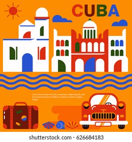 Cube illustration. Vector icons of Cuban culture and architecture