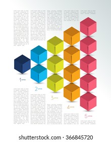 Cube infographics options banner, template, scheme, chart, text layout. Five step design. Vector illustration.