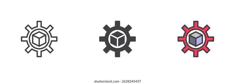 Cube Inside the Gear different style icon set. Line, glyph and filled outline colorful version, outline and filled vector sign. Engineering symbol, logo illustration. Vector graphics