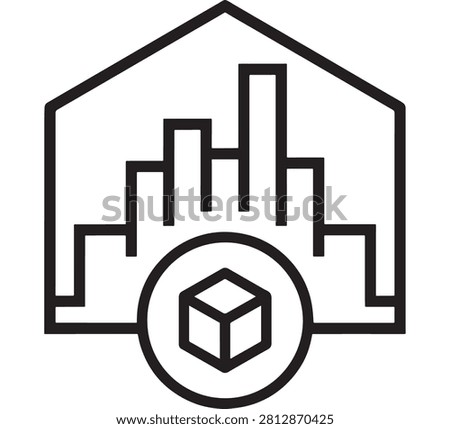 Cube Inside Magnifying Glass Over Building Shape Icon Representing Architectural Inspection and Quality Control Concept