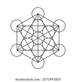 Metatron’s Cube with interconnected circles and lines on a white background
