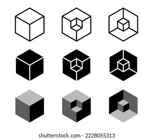 Cube isometric vector icon set. 3d cube object geometric shapes. Outline isometric cube symbol