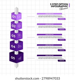 Cube layout vector infographic with 5 step options for visual presentation and report template layouts. 5 option infographic. Vector editable.