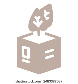 Un cubo con hojas que crecen fuera de la parte superior, que representa un embalaje sostenible que es bueno para el medio ambiente.