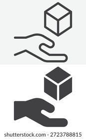 Cubo levitando sobre el icono de la mano establecido en línea y estilo sólido. Esquema y signo de Vector lleno con un trazo editable, icono de símbolo de poder para telequinesis y magia.