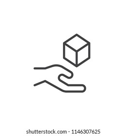 Cube levitating above hand outline icon. linear style sign for mobile concept and web design. Magic trick simple line vector icon. Symbol, logo illustration. Pixel perfect vector graphics