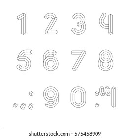 Cube Line 3D Font. Impossible Geometric set of numbers with punctuation marks vector; Illusion line 3D digits vector set