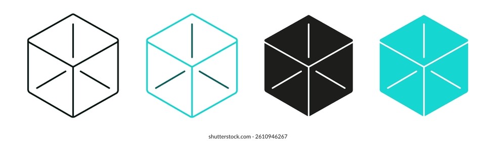 Cube line icon set. Architecture, Technology, Business or Blockchain concept. 3D square symbol on white background. Solid color or black block logo for web, ui, or mobile app. Editable vector stroke.