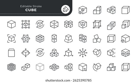 Conjunto de ícones de linha de cubo. Módulo, caixa, forma geométrica, modelo, bloco, produto. Ícone de vetor de contorno em estilo linear. Série de pictogramas

